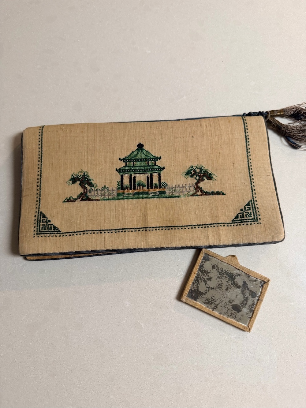 Vintage Japanese Pagoda Clutch Purse - Cross stitch linen Circa 1950